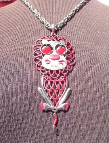 Large Red and Silver Lion Pendant on 20" Link Alloy Chain, Large Retro 1970s Style