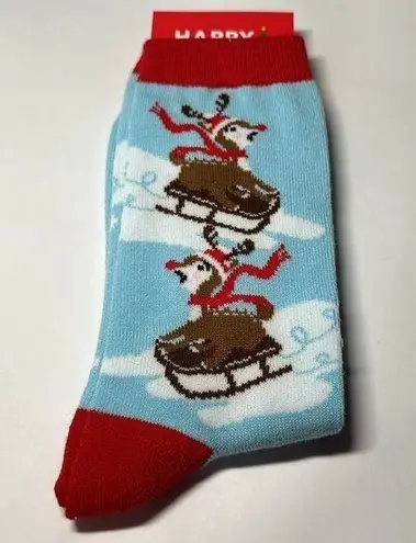 Happy Christmas Reindeer on Sled Crew Socks