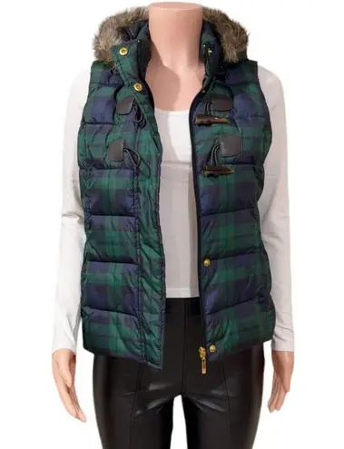 Charter Club Green Tartan Plaid Faux Fur Hooded Puffer Vest Size Small Petite