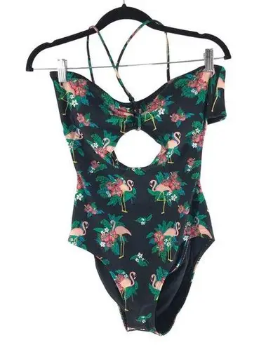 Kirra One Piece Swimsuit Cutout Removable Cups Halter Flamingos Black XL