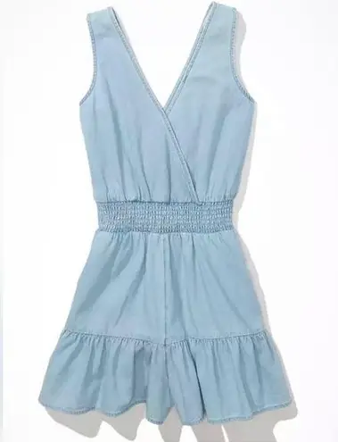 Love Tree  Blue Denim Lightweight Tencel Ruffled Romper Smocked Waist Size Large