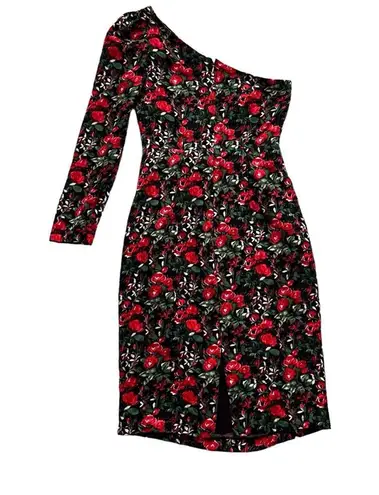 Club Monaco Red Rose Floral Velvet One Sleeve Sheath Dress Fancy Party Women’s 0