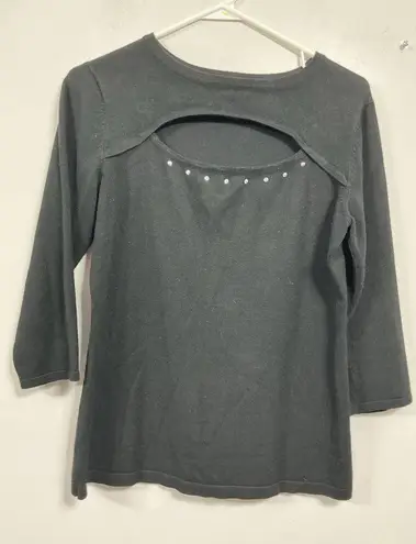 Womans Questions Pullover Sweater Medium Black 3/4 Sleeve Peekaboo Studs