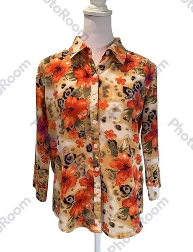 Christopher & Banks Orange Yellow Green Cream Black Abstract Floral Print Blouse