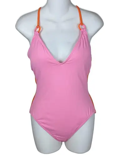 Kate Spade  New York Plunging V Neck One Piece Colorblock Swimsuit Pink Orange L