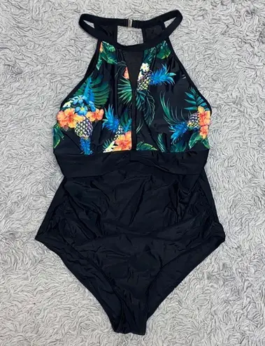 Tropical Swimsuit Black High Neck Mesh One Piece S Small New Green