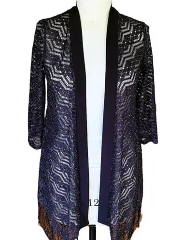 R & M RICHARDS Long Thin Black & Silver Cardigan Sweater ~ 8