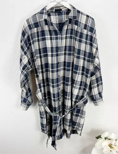ATM Plaid Shirt Dress Blue Button Down Belt Size Small S