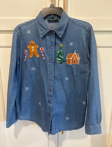 Lemon Grass Studio Denim Christmas Embroider Gingerbread Shirt VTG cottage core