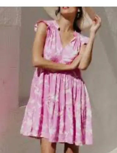 Petal and Pup Pink Cream Tiered Ruffle V-Neck Tropical Mini Sundress Size 4