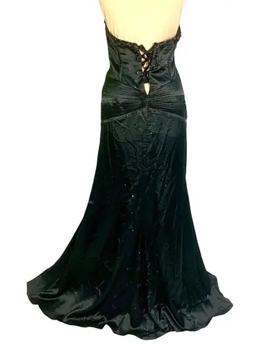 Whimsigoth Black Satin Halter Gown Gothic Witchycore Beaded Slit Corset Formal S