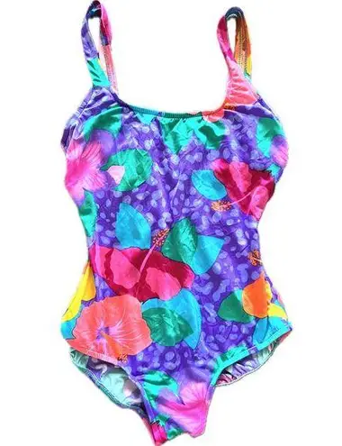 Vintage Island Native Swimsuit Leotard Hawaiian Floral Neon 14 80s 90s Purple Size 12