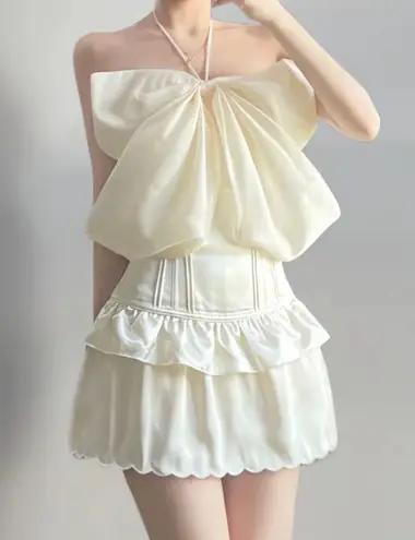 Japanese Kawaii Ivory Cream Princess Barbie Bow Off Shoulder Corset Halter Top