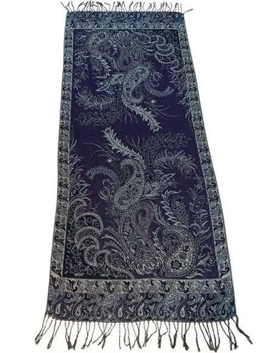 Women's Deep Blue Fringe Trim Paisley Leaf Long Scarf Purple