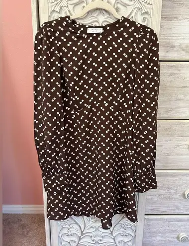 Flynn Skye brown with white polka dot Lydia mini dress with long sleeves NWT SM