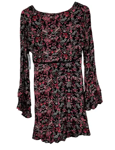 NWT C’isa Mini Dress Womens S Pink Black Floral Long Flare Sleeve Hippie Boho