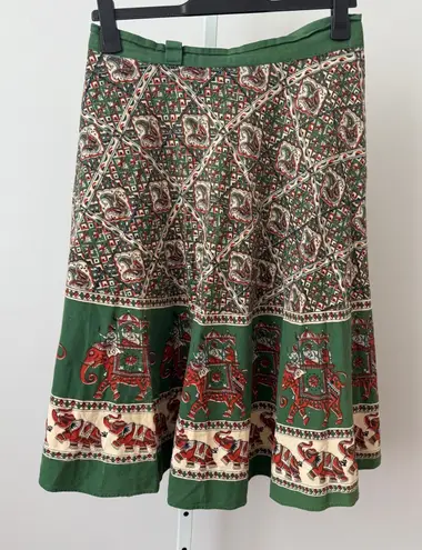 Vintage Wrap Skirt Bohemian Elephant Print Cotton Midi Skirt sz One Size Green