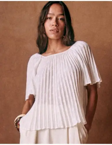 Sézane Romy Embroidered Pleated Blouse, Ecru, FR36/US4