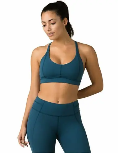 NWT Womens PrAna Yoga Dark Aqua Strappy Top Bra New Momento L Blue Atlantic UPF Size L