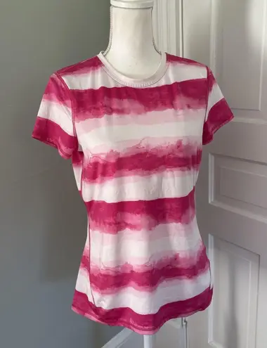 Lands End Shirt Womens Small Pomegranate White Striped Gradient Athletic Tee Pink