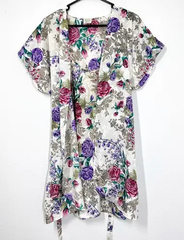 Vintage California Miss Womans Slick Satin Robe Ivory Floral Robe Slip Set Purple Size M