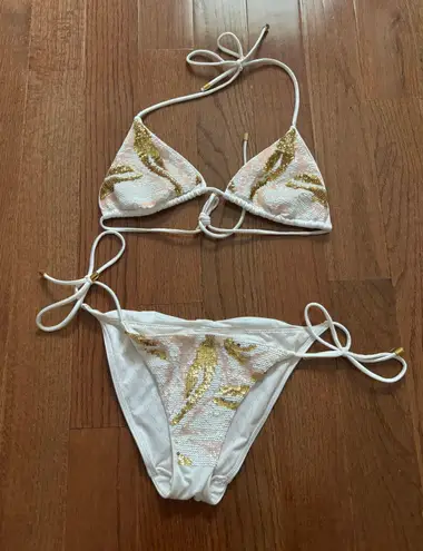 Victoria's Secret Y2k Victoria’s secret sequined white and gold triangle tie bikini top and bottom 