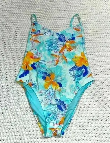 Xhilaration  TROPICAL SCOOP BACK HIGH HIP ONE PIECE FLORAL SWIMSUIT, BLUE…