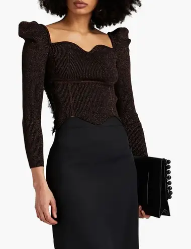 Elliatt RTR Cassie Lace-Trimmed Metallic Ribbed Knit 3/4 Sleeve Top Sz L