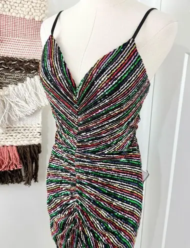 Dress the Population Viviane Rainbow Sequin Ruched Mini Dress Sz S NWT