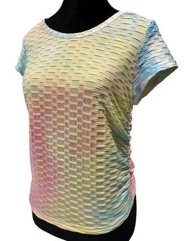 NEW Madrag Bold Tie Dye Trendy Hippie Ruched Side Stretch Athletic Yoga Gym Top Size L