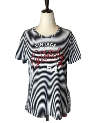 Superdry Blue and White Striped Crew Neck Rope Lettering Short Sleeve Tee Size 8