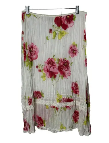 Guess Y2K  White Pull-On Midi Skirt Red & Pink Roses Lace Trim Women's Medium thumbnail 1