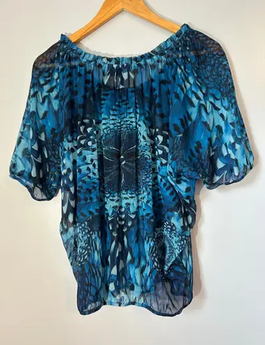 New Directions Sheer Blouse Embellished Top Blue Feather Print Small