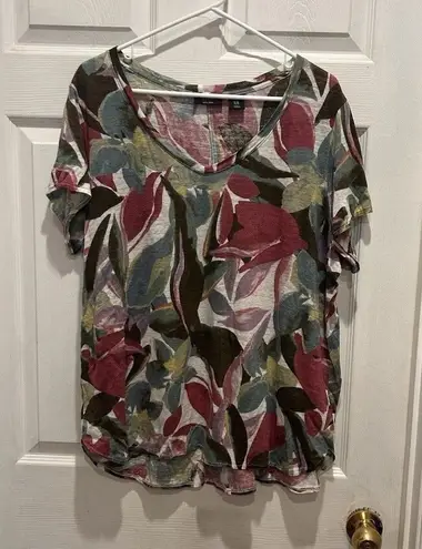 Tahari 100% Linen Floral Short Sleeve Blouse High Low Hem Women’s Size 1X