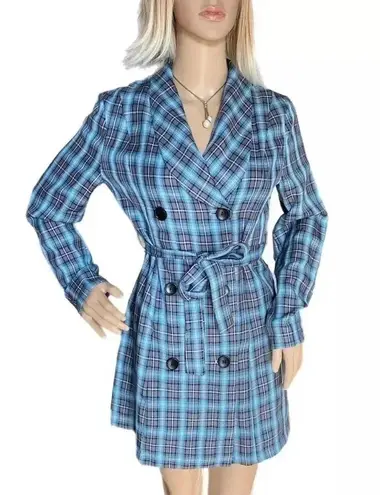 NLW Dress Womens Small Blue Checkered Navy Dress Waist Belt Long Sleeve