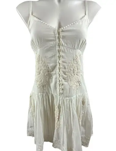 Raga Anthropologie Baby Doll Embroidered Cream Drop Waist Mini Dress