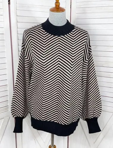 Zesica Chevron Stripe Lantern Sleeve Mock Neck Sweater Tan Black Large