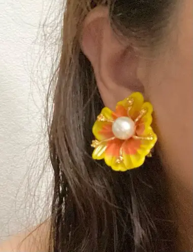 Vintage ORA Signed Orange Plastic Poppy Flower Faux Pearl Brooch & Earrings Set