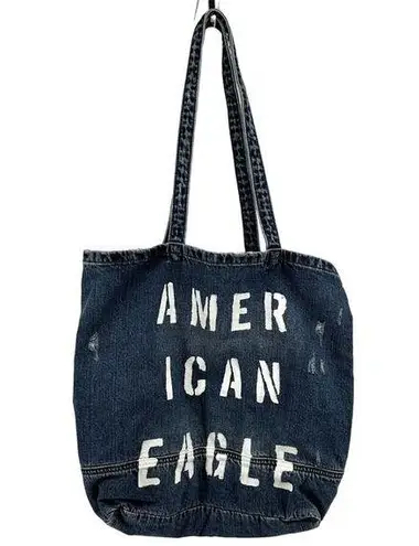 American Eagle  Outfitters Denim Tote Beach Bag Distressed Logo Cotton One Size