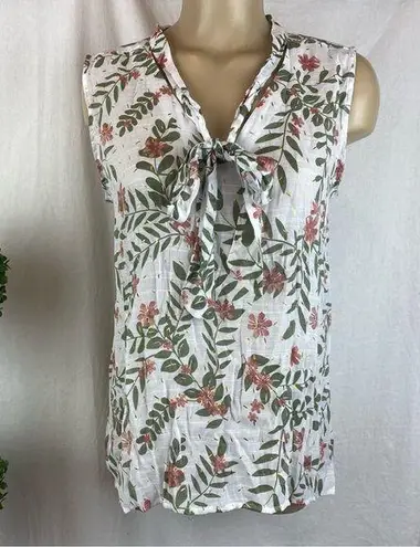 Harvé Benard Harve Bernard White Sleeveless Floral Tie Neck Blouse Top NEW M