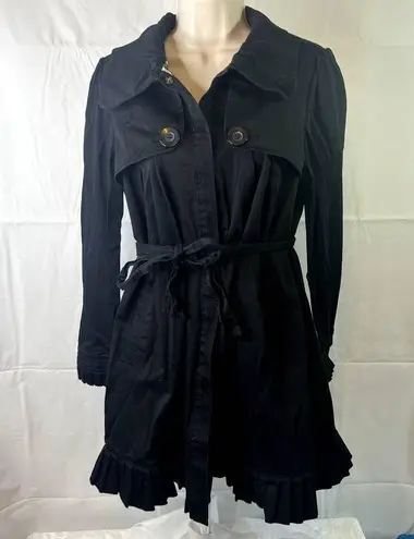 Elle Ruffled Black Trench Coat Size Small