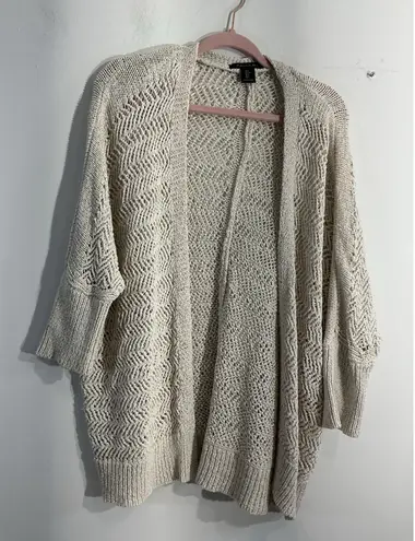 Tahari Womans Sweater Large Beige Knit Open Front Cardigan Short Sleeves
