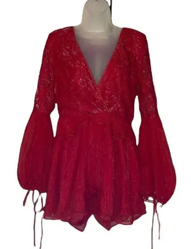 Saints + Secrets Cherry Red Lace Sheer Sexy Lingerie Romper Large NWT
