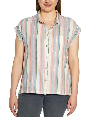 Orvis Linen Blend Button Up Shirt Striped Cap Sleeve Casual Top Large Boxy Fit