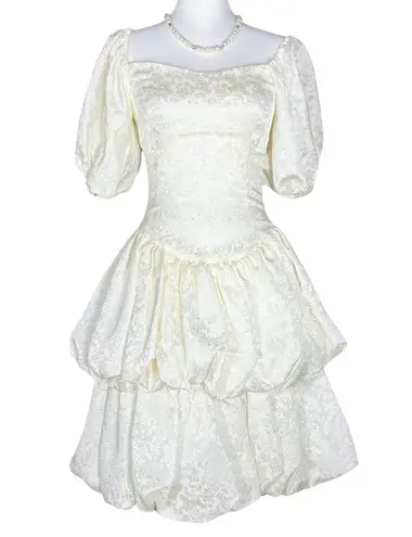 Vintage 80s Handmade Short Off White Retro Wedding Prom Dress Puff Sleeve Bow XS