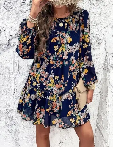 NEW Boho Navy and Floral Shirred Bodice Long Sleeve Ruffle Skirt Mini Dress Blue Size M