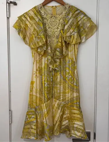 Karen Millen NEW Cutwork Applique Paisley Butter Yellow Ruffle Dress