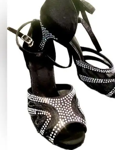 NWOT Womens Ballroom 3" Heels. OpenToe, Black, Suede Soles & Shiny Rhinestones Size 8.5