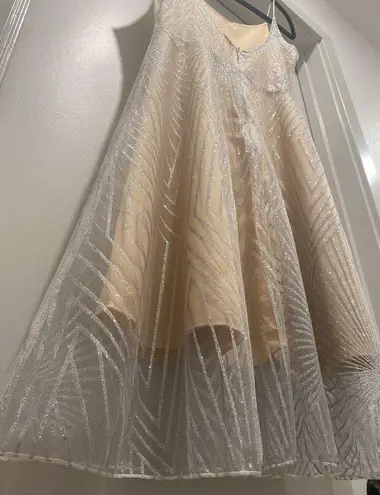 Beige Cream & Silver Glittery Art Deco Patterned Overlay Sleeveless Dress