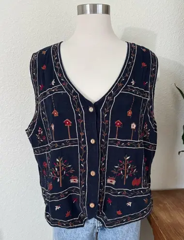 Vintage Navy Corduroy Fall Embroidered Vest Fall pumpkin leaves Birdhouse large Blue